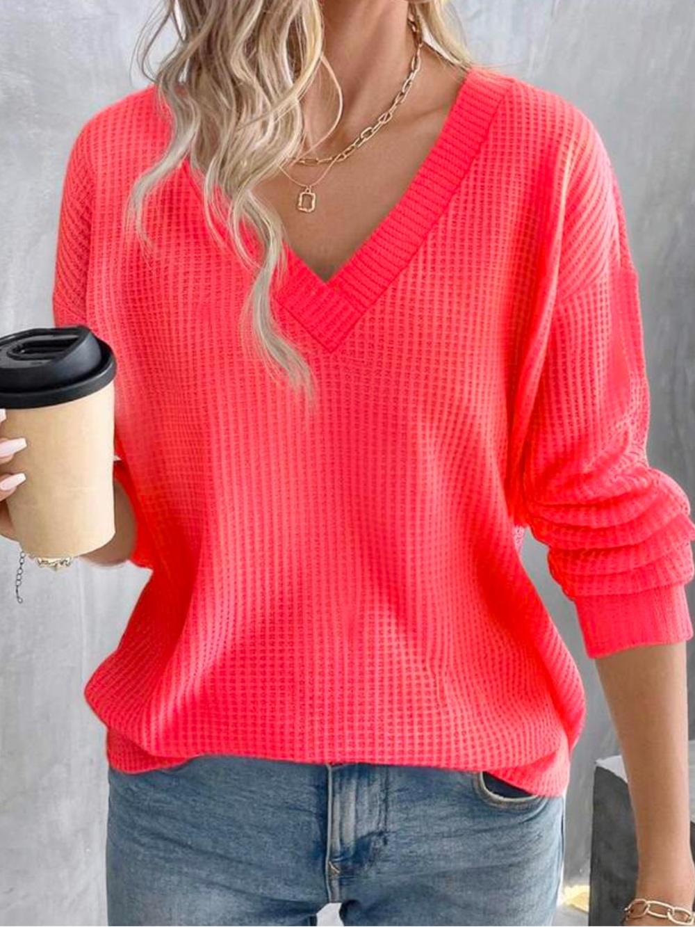 Red V-Neck Women's Long Sleeve Top